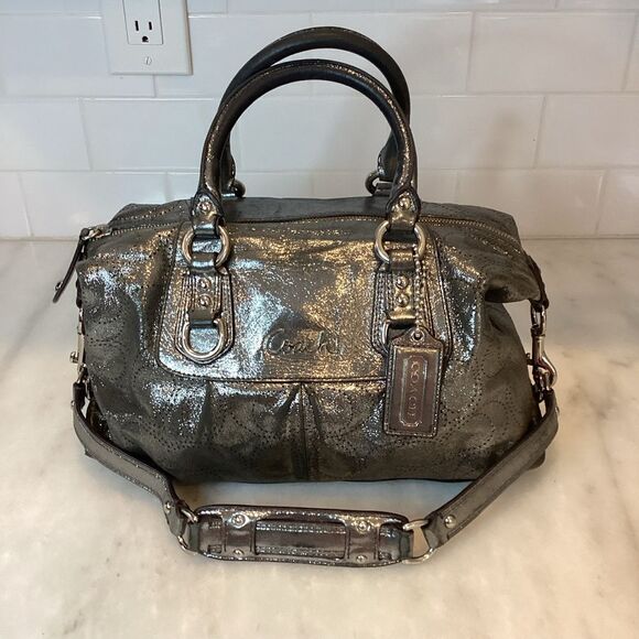 Coach Ashley Perforated Metallic Silver Leather Satchel Handbag RARE - Picture 2 of 15